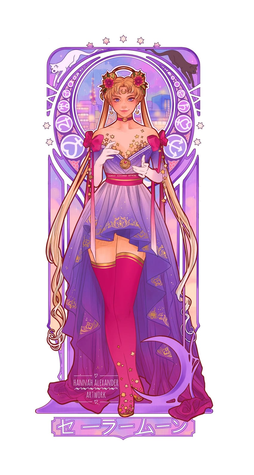 tsukino usagi, sailor moon, luna, and artemis (bishoujo senshi sailor moon) drawn by hannahartwork