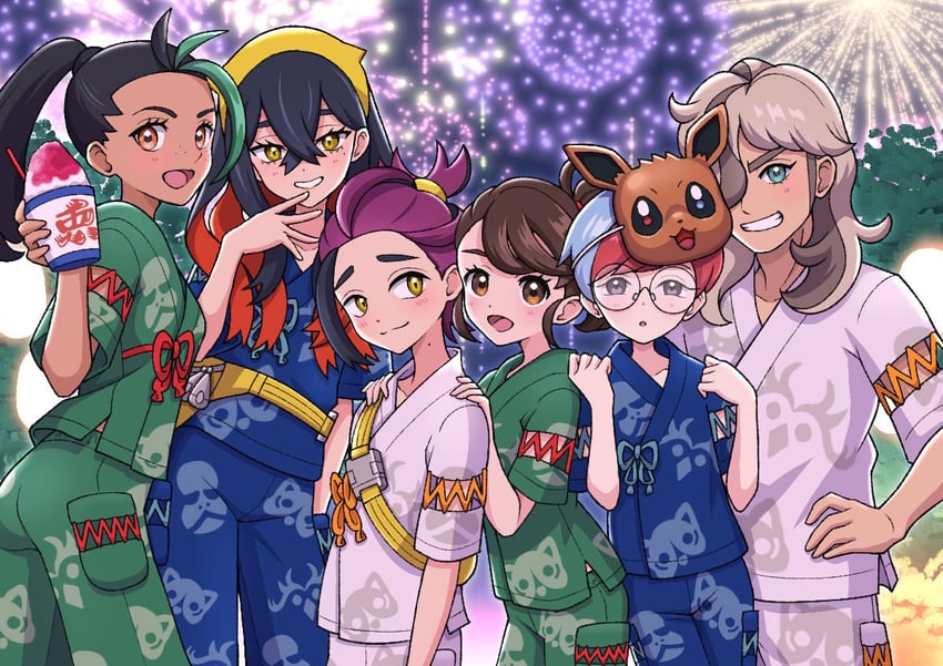 eevee, kieran, juliana, carmine, nemona, and 2 more (pokemon and 1 more) drawn by yuu_(jgvj7873)