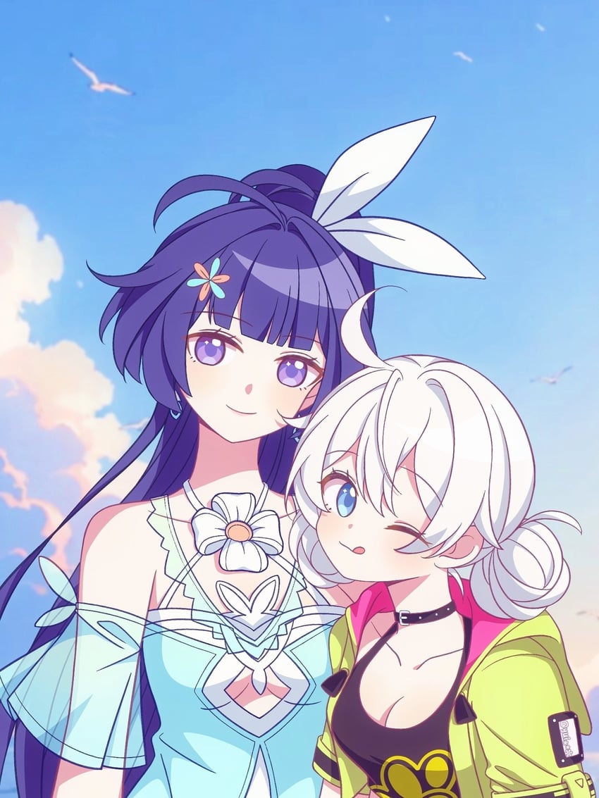 kiana kaslana and raiden mei (honkai and 1 more) drawn by yui_huwahuwaa