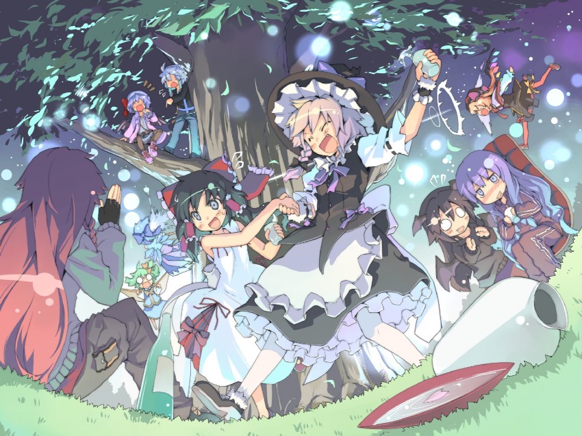 hakurei reimu, kirisame marisa, remilia scarlet, flandre scarlet, izayoi sakuya, and 5 more (touhou and 1 more) drawn by morino_hon