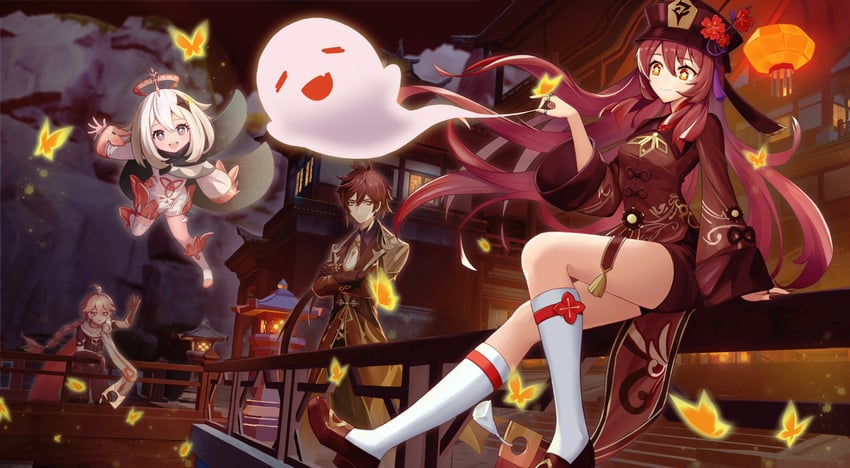 hu tao, aether, zhongli, paimon, and boo tao (genshin impact) drawn by kaidi