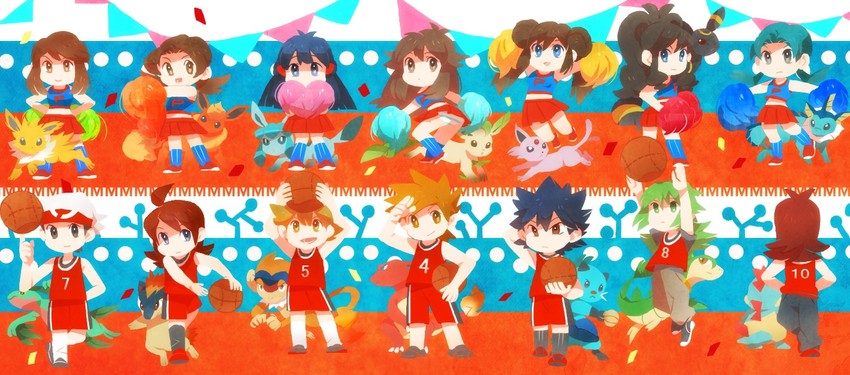 dawn, rosa, hilda, blue oak, leaf, and 21 more (pokemon and 7 more) drawn by rotasu