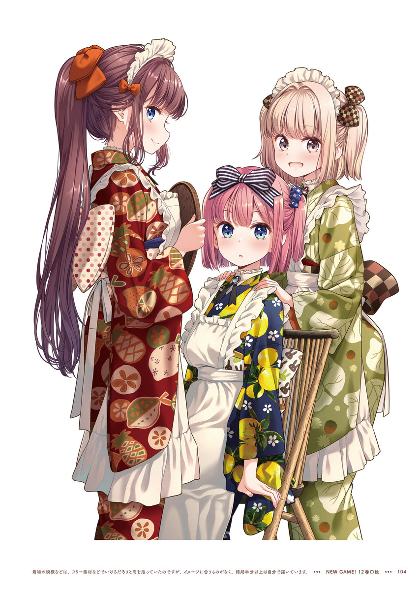 takimoto hifumi, iijima yun, and mochizuki momiji (new game!) drawn by tokunou_shoutarou