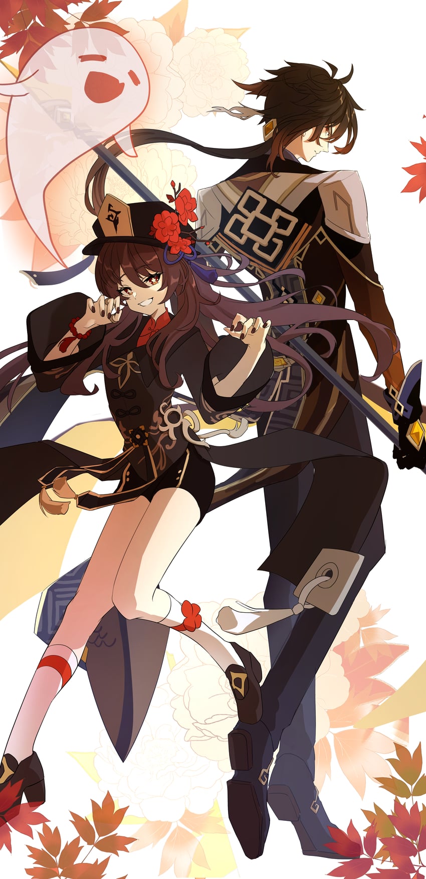 hu tao, zhongli, and boo tao (genshin impact) drawn by ranta_rion
