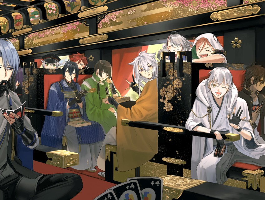 mikazuki munechika, tsurumaru kuninaga, hotarumaru, kogitsunemaru, ookurikara, and 5 more (touken ranbu) drawn by hataya