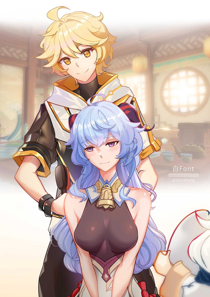 ganyu, aether, and paimon (genshin impact) drawn by shiro_font