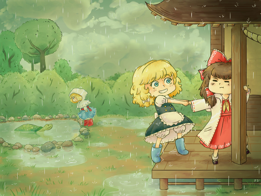 hakurei reimu, kirisame marisa, alice margatroid, and genjii (touhou) drawn by manamanami