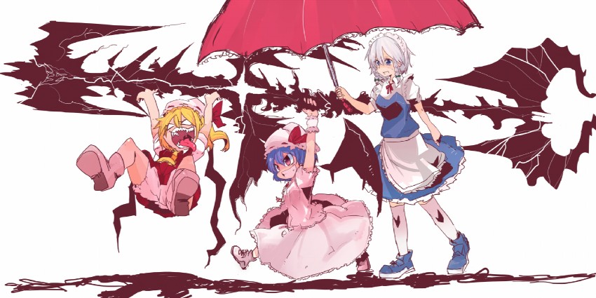 remilia scarlet, flandre scarlet, and izayoi sakuya (touhou) drawn by hibimegane
