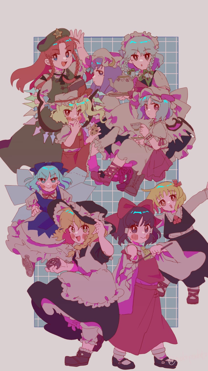 hakurei reimu, kirisame marisa, remilia scarlet, flandre scarlet, izayoi sakuya, and 4 more (touhou and 1 more) drawn by nokoponkotu