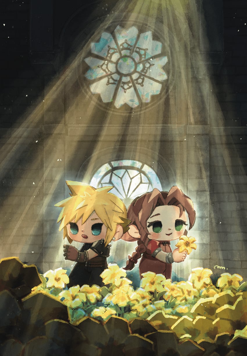 cloud strife and aerith gainsborough (final fantasy and 1 more) drawn by me_me_cry