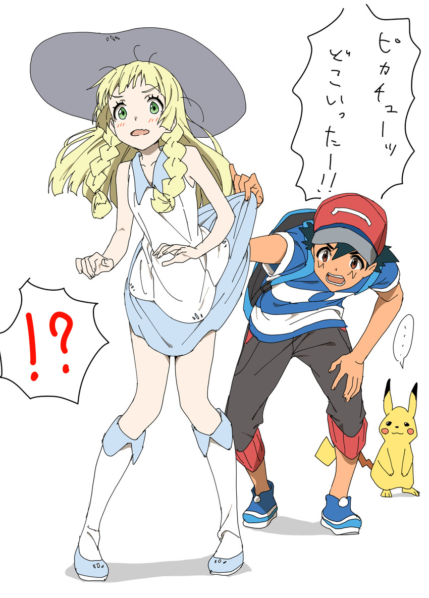 pikachu, lillie, and ash ketchum (pokemon and 1 more) drawn by nepia