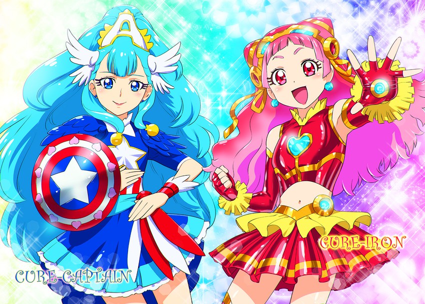 captain america, iron man, nono hana, yakushiji saaya, cure yell, and 1 more (precure and 3 more) drawn by ueyama_michirou