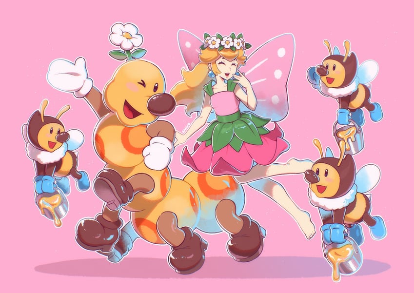 princess peach, princess daisy, wiggler, and honeybee (mario and 3 more) drawn by saiwo_(saiwoproject)