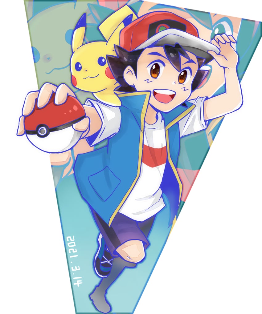 pikachu and ash ketchum (pokemon and 1 more) drawn by yazukiii