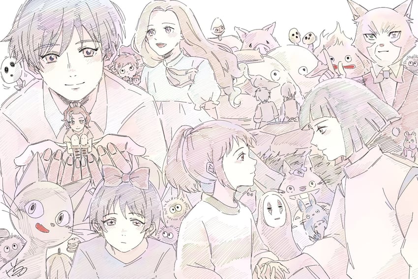 kiki, jiji, ogino chihiro, totoro, haku, and 13 more (studio ghibli and 10 more) drawn by ichihatsu