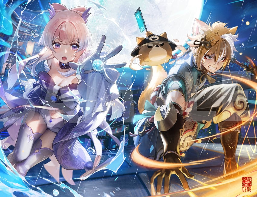 sangonomiya kokomi and gorou (genshin impact) drawn by daniel_deng