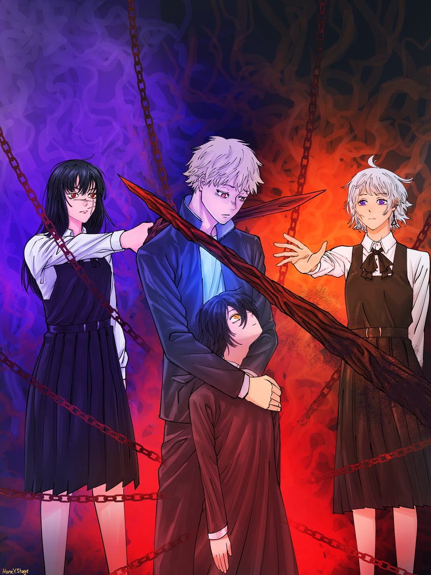 denji, yoru, fami, and nayuta (chainsaw man) drawn by honexstage