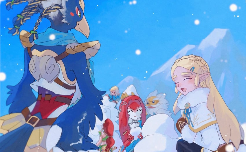 link, princess zelda, mipha, urbosa, revali, and 1 more (the legend of zelda and 1 more) drawn by yamori_(yamoooon21)