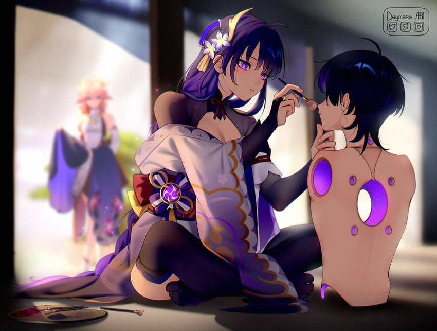 raiden shogun, scaramouche, and yae miko (genshin impact) drawn by deymara