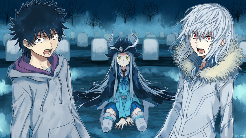 kamijou touma, accelerator, aleister crowley, and aleis-tan (toaru majutsu no index and 1 more) drawn by jisoku_(168km1)
