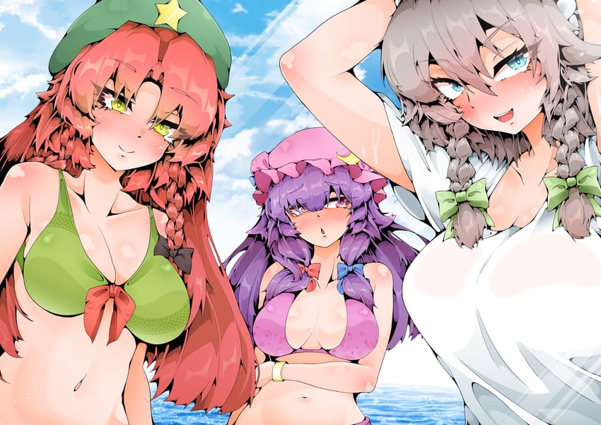 izayoi sakuya, patchouli knowledge, and hong meiling (touhou) drawn by castagna