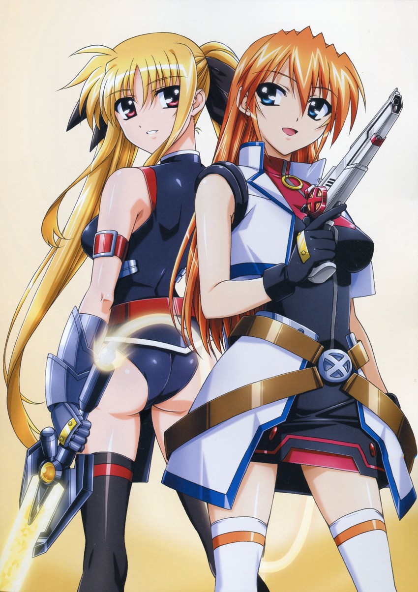 fate testarossa, bardiche, teana lanster, and cross mirage (lyrical nanoha and 2 more) drawn by okuda_yasuhiro