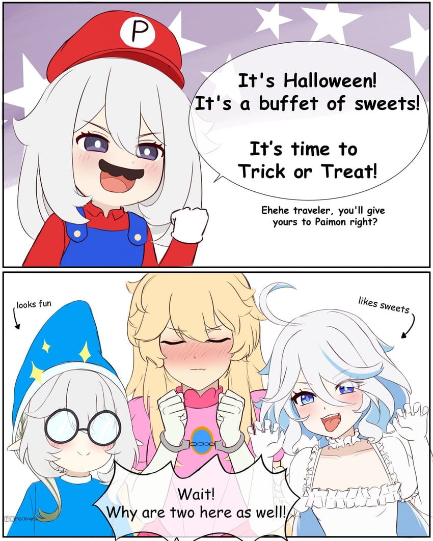 aether, furina, nahida, princess peach, paimon, and 3 more (genshin impact and 1 more) drawn by mockingeu