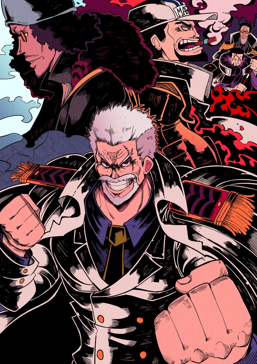 kizaru, aokiji, monkey d. garp, sakazuki, and fujitora (one piece) drawn by vakodraws