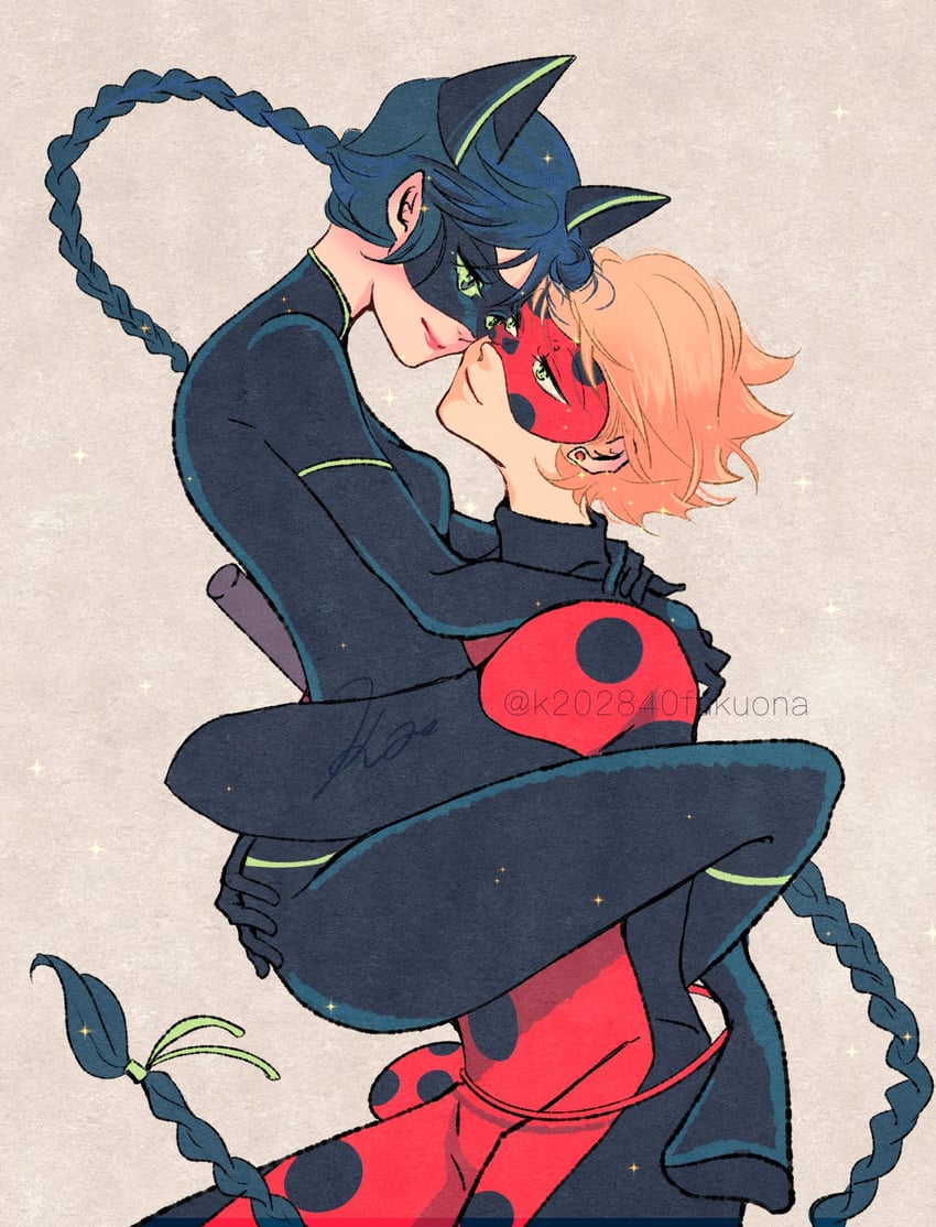 marinette dupain-cheng, adrien agreste, lady noir, and misterbug (miraculous ladybug) drawn by k202840fukuona