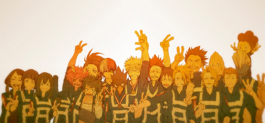 midoriya izuku, bakugou katsuki, uraraka ochaco, todoroki shoto, asui tsuyu, and 15 more (boku no hero academia) drawn by ngy09