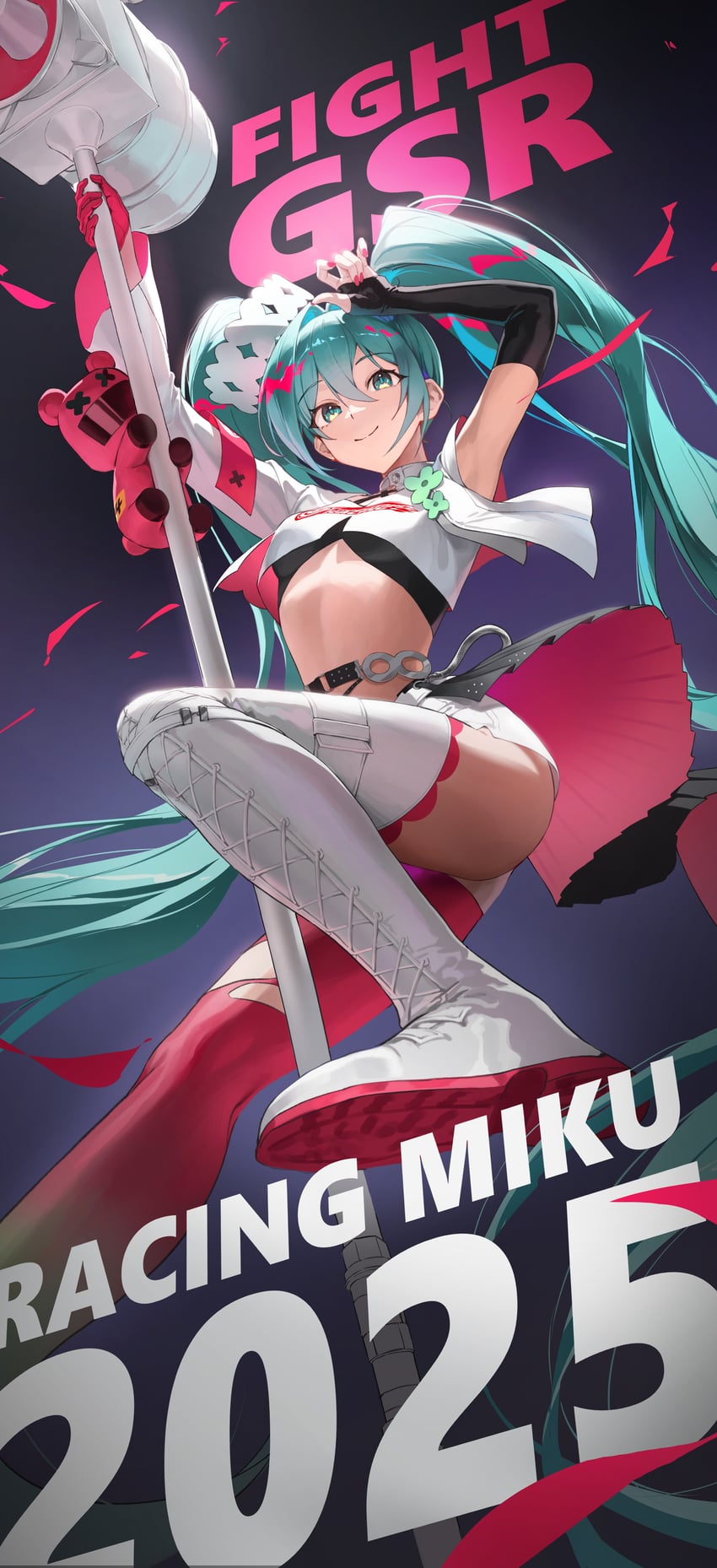 hatsune miku and racing miku (vocaloid and 1 more) drawn by alohayuja