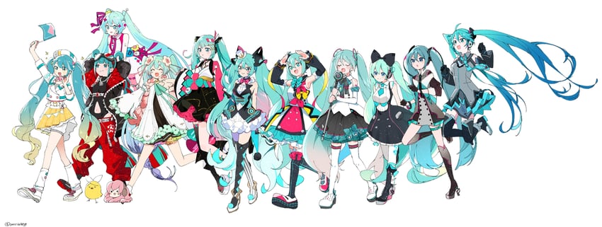 hatsune miku, kagamine rin, megurine luka, magical mirai miku, and takoluka (vocaloid and 1 more) drawn by omutatsu