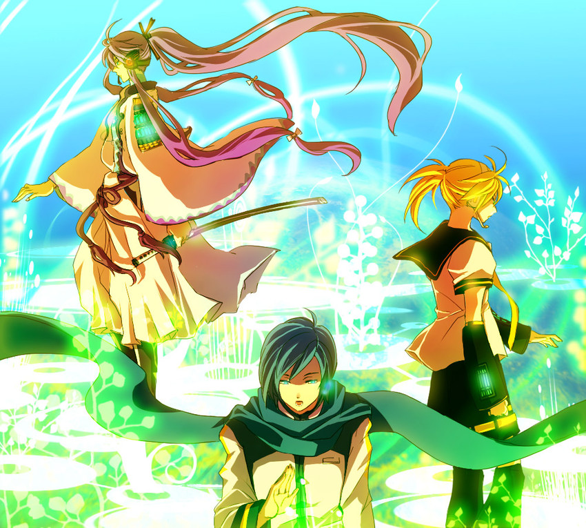 kagamine len, kaito, and kamui gakupo (vocaloid) drawn by uya