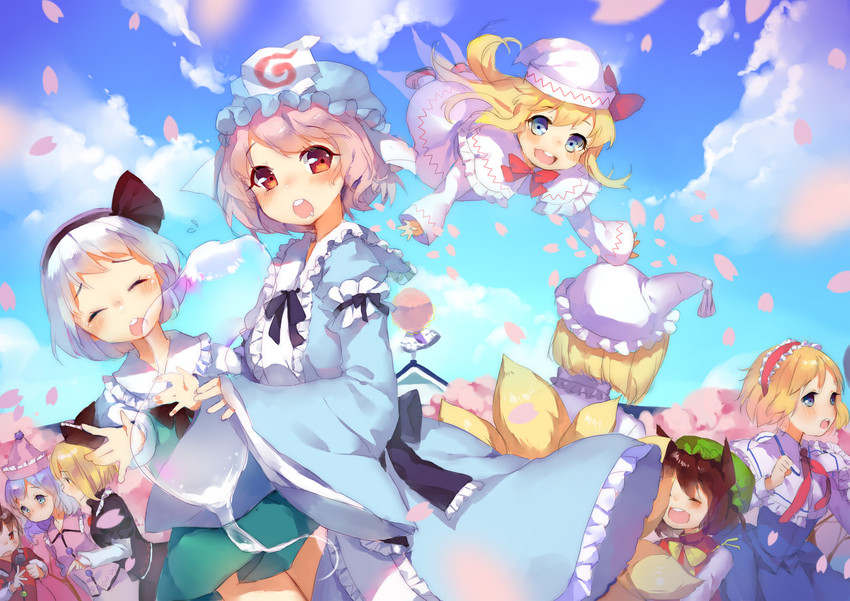 konpaku youmu, alice margatroid, yakumo yukari, saigyouji yuyuko, yakumo ran, and 5 more (touhou and 1 more) drawn by miebao