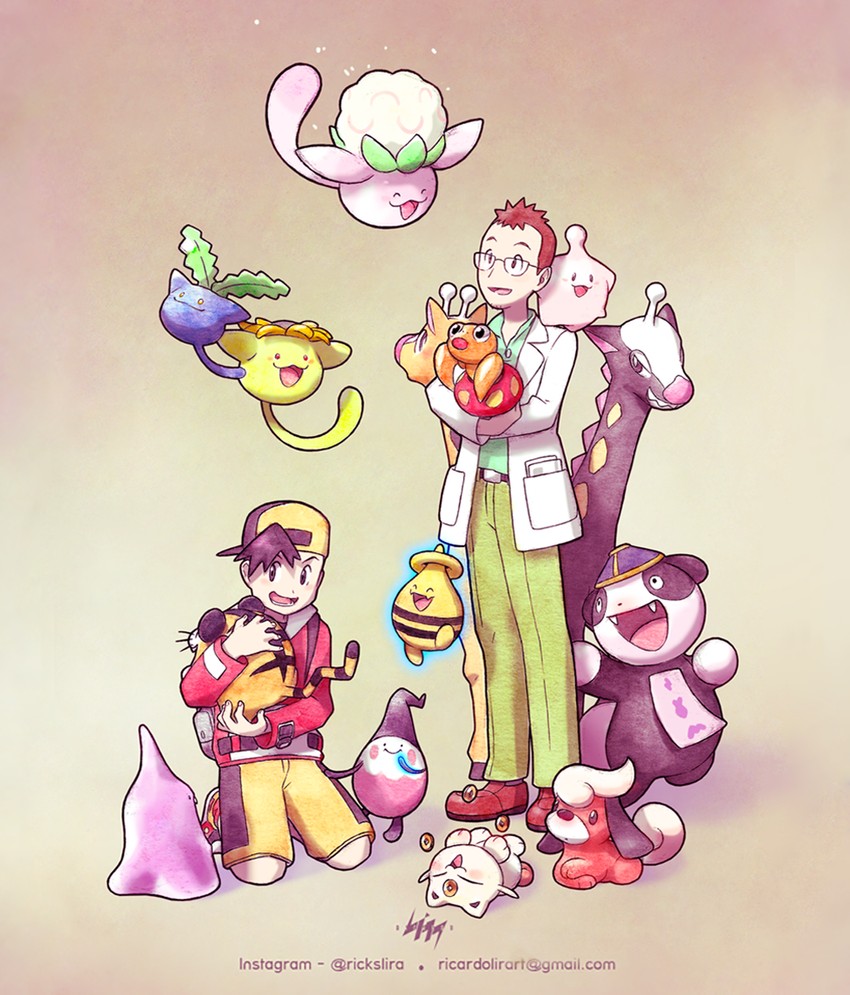 ethan, professor elm, koonya, kotora, girafarig, and 9 more (pokemon and 1 more) drawn by rickslira