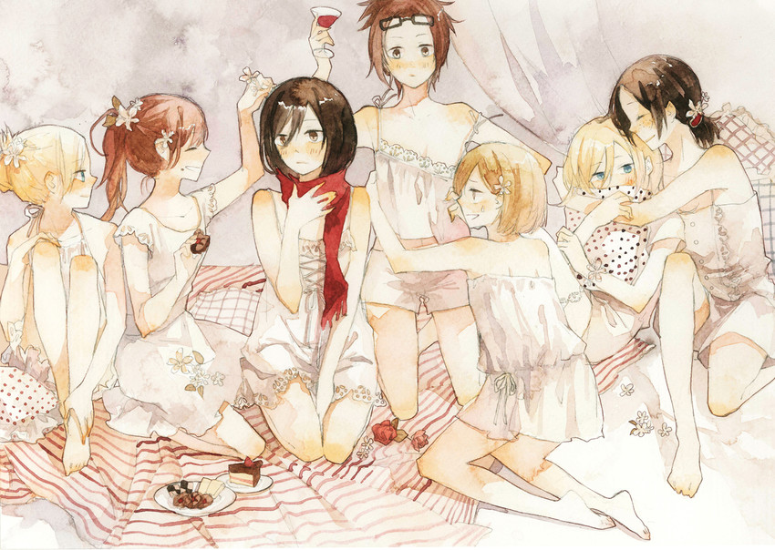 mikasa ackerman, krista lenz, ymir, annie leonhart, hange zoe, and 2 more (shingeki no kyojin) drawn by lilee_(llaynie)