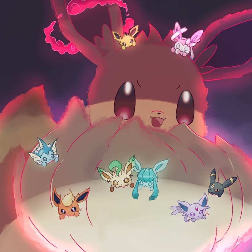 eevee, sylveon, umbreon, glaceon, vaporeon, and 5 more (pokemon) drawn by amu_uni