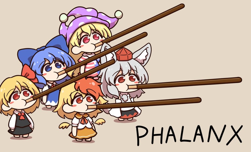 cirno, inubashiri momiji, rumia, clownpiece, and niwatari kutaka (touhou) drawn by shitacemayo