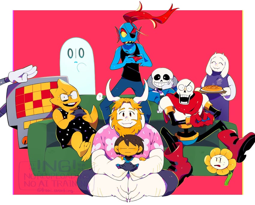 frisk, sans, papyrus, undyne, toriel, and 5 more (undertale) drawn by kanianoreki