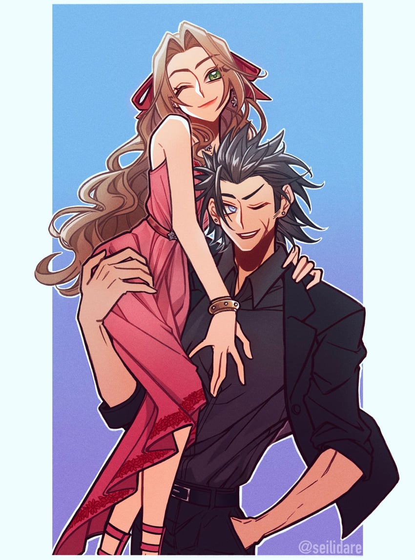 aerith gainsborough and zack fair (final fantasy and 2 more) drawn by seilidare