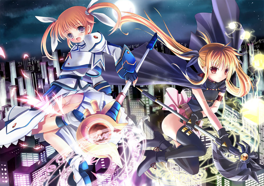 fate testarossa, takamachi nanoha, raising heart, and bardiche (lyrical nanoha and 2 more) drawn by mycstea and xephonia