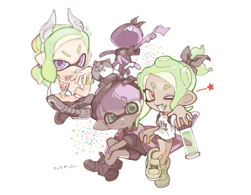 inkling player character, octoling player character, octoling girl, inkling boy, jellyfish, and 1 more (splatoon) drawn by spl8ya