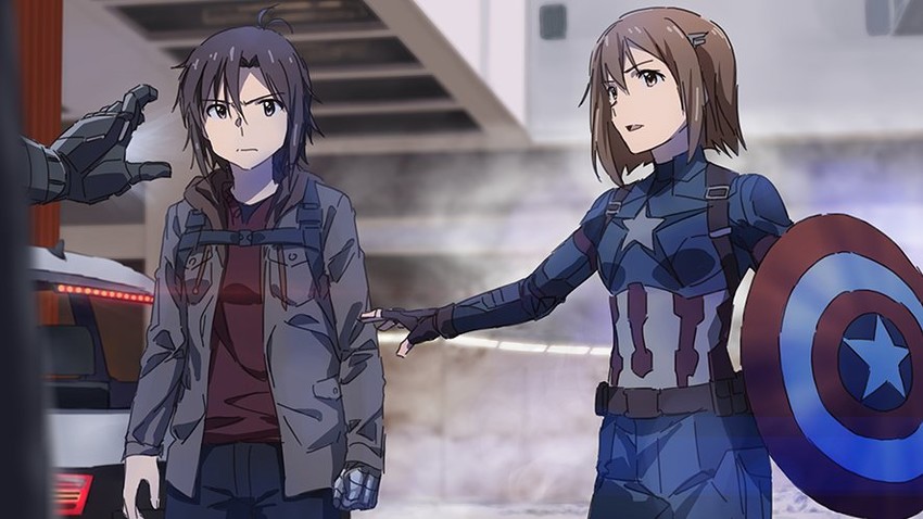 kikuchi makoto, hagiwara yukiho, steve rogers, captain america, bucky barnes, and 2 more (idolmaster and 5 more) drawn by taku1122