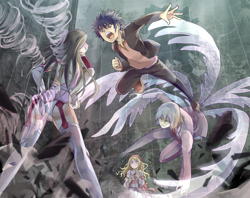 kamijou touma, kakine teitoku, fremea seivelun, beetle 05, rensa, and 1 more (toaru majutsu no index and 1 more) drawn by motuki221