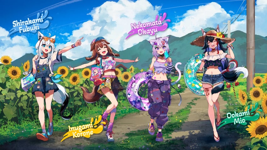 shirakami fubuki, nekomata okayu, ookami mio, inugami korone, sukonbu, and 3 more (hololive) drawn by rainys_bill