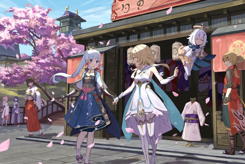 lumine, raiden shogun, yae miko, paimon, kamisato ayaka, and 3 more (genshin impact) drawn by sen_(sennosenn1127)