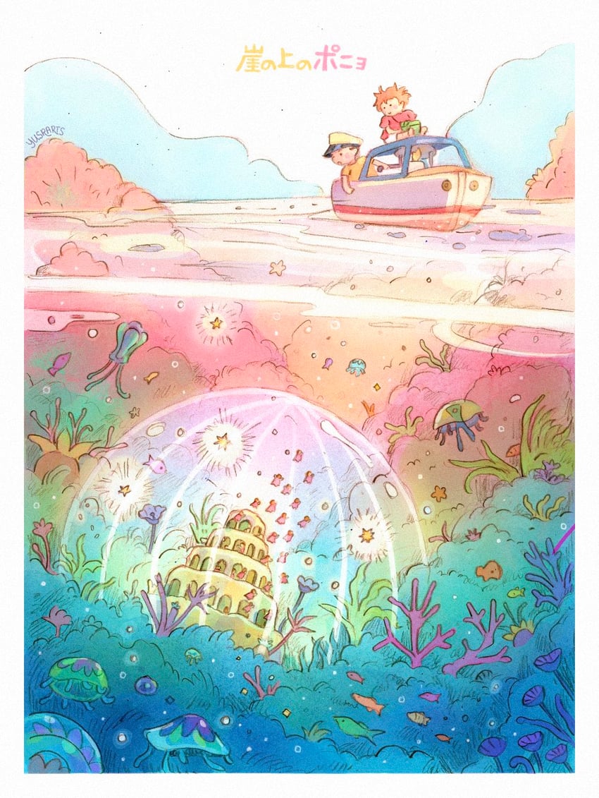 ponyo and sousuke (gake no ue no ponyo) drawn by yusra