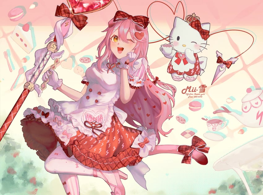 goldenglow and hello kitty (arknights and 2 more) drawn by rimii_yuki