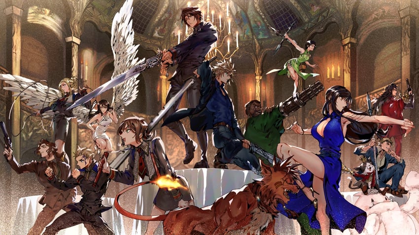 tifa lockhart, cloud strife, yuffie kisaragi, moogle, squall leonhart, and 10 more (final fantasy and 2 more) drawn by shio_ga