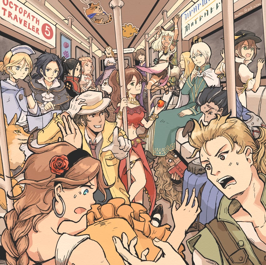 therion, tressa colzione, ophilia clement, primrose azelhart, cyrus albright, and 12 more (octopath traveler and 2 more) drawn by sokiriena